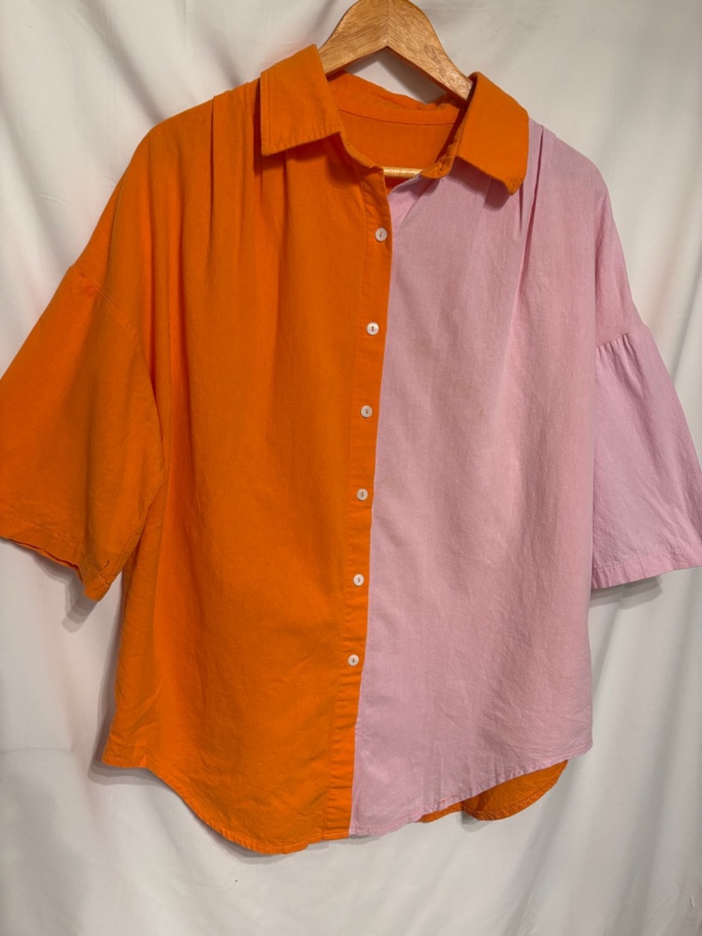 Colorblock Short-Sleeve Boxy Oversized Cotton Button-Up Shirt Orange & Pink SX L